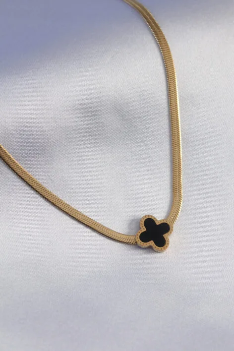 316L Çelik Gold Renk İtalyan Zincir Model Siyah Çiçek Figür Kadın Kolye