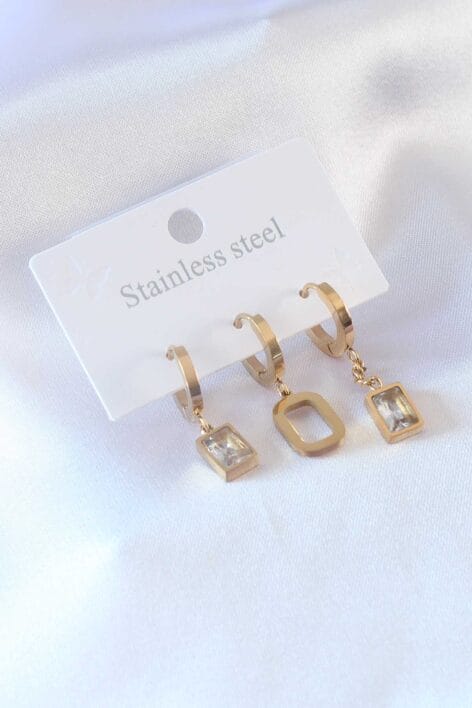 316L Çelik Gold Renk Kare Zirkon Taş Model Kadın Küpe