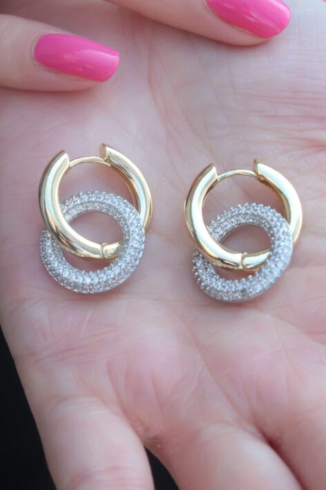 Gold Renk Halka Zirkon Taşlı Halka Model Pirinç Kadın Küpe - Görsel 2