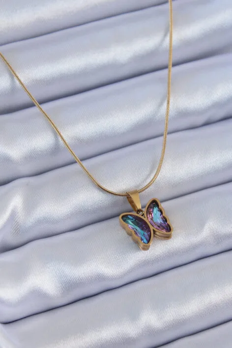 316L Çelik Gold Renk Mor Kristal Taşlı Kelebek Model Kadın Kolye