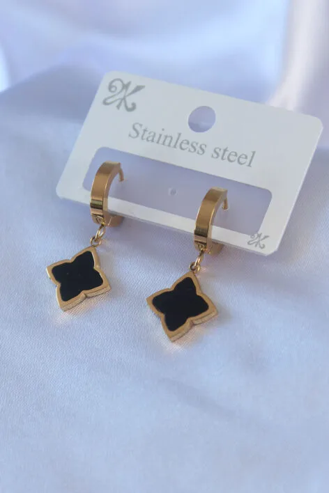 316L Çelik Gold Renk Siyah Çiçek Model Kadın Küpe