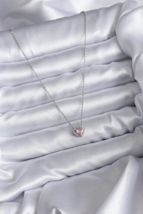 316L Çelik Zincirli Gümüş Renk Pembe Zirkon Taşlı Charm Kadın Kolye - Görsel 2
