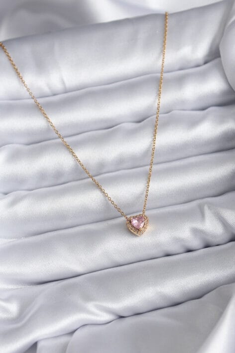 316L Çelik Zincir Gold Renk Pembe Zirkon Taşlı Charm Kadın Kolye - Görsel 2