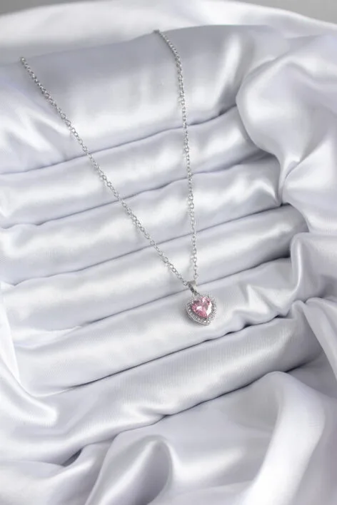 316L Çelik Zincir Gümüş Renk Pembe Zirkon Taş Charm Model Kadın Kolye - Görsel 2