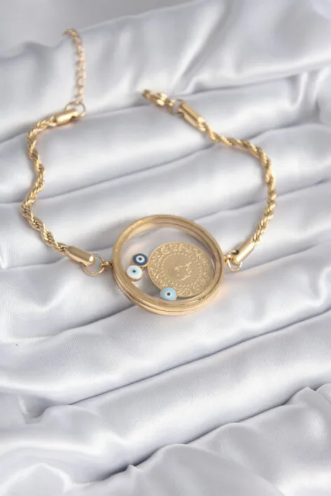Açılabilir 316L Çelik Gold Renk Burgu Zincir Fanus Çeyrek Model Kadın Bileklik - Görsel 2