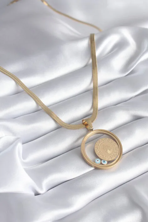 316L Çelik Gold Renk İtalyan Zincir Çeyrek Figür Açılabilir Fanus Model Kadın Kolye - Görsel 3