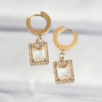 316L Çelik Gold Renk Taşlı Dikdörtgen Model Küpe