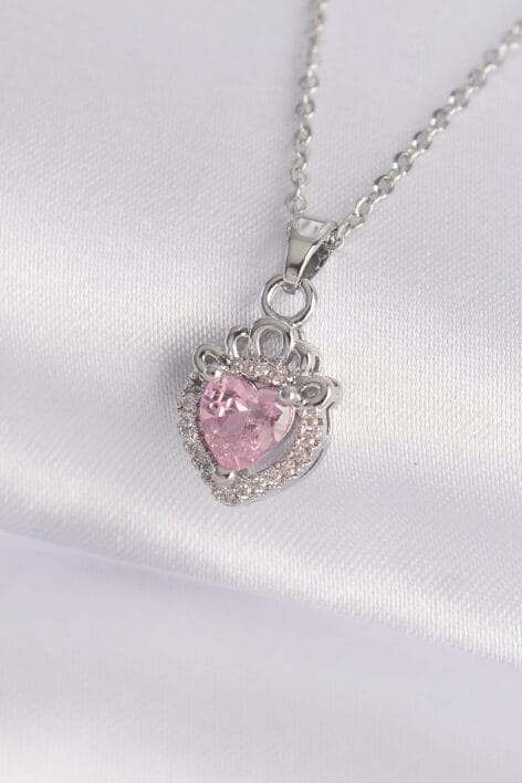 316L Çelik Zincir Gümüş Renk Pembe Zirkon Taşlı Rapunzel Kolye - Görsel 2