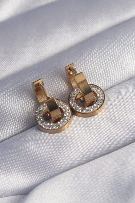 316L Çelik Gold Renk Zirkon Taşlı İç İçe Geçmeli Oval Küpe - Görsel 2