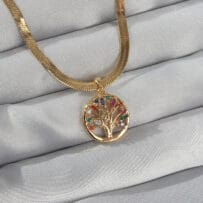316L Çelik Zincir Gold Renk İtalyan Zincir Renkli Zirkon Taşlı Yaşam Ağacı Kolye