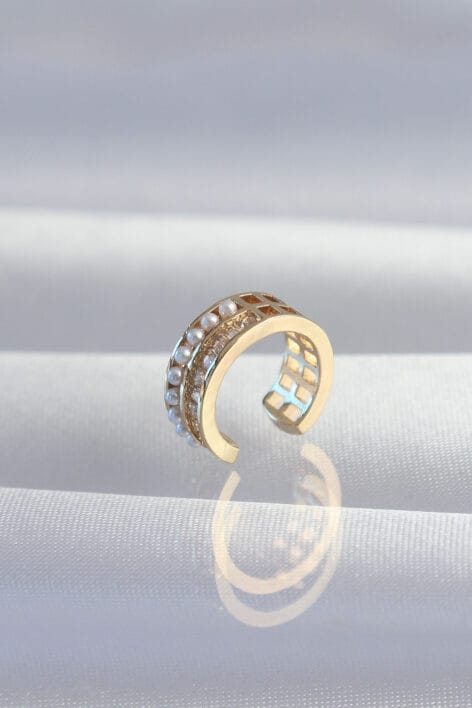 Pirinç Gold Renk İncili Baget Taşlı Earcuff Küpe - Görsel 2
