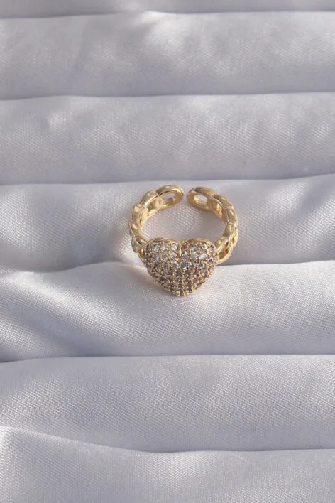 Pirinç Ayarlamalı Gold Renk Zirkon Taşlı Bombeli Kalp Yüzük - Görsel 2