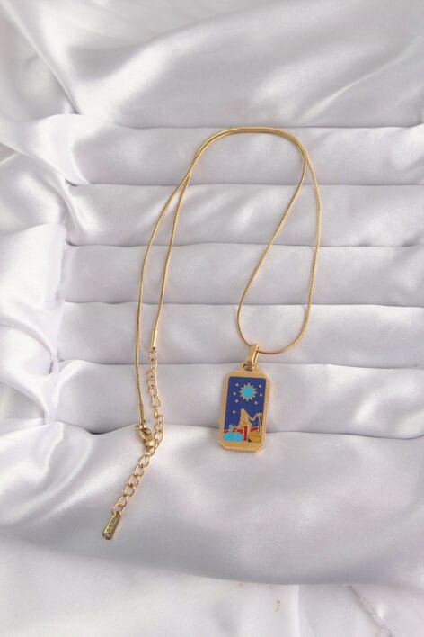 316L Çelik Gold Renk Mavi Mineli Kız Figür Tarot Kolye - Görsel 2