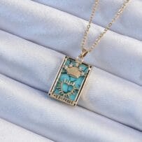 316L Çelik Zincir Altın Renk Zirkon Taşlı Mavi Mermer Desenli Taç Model Tarot Kolye