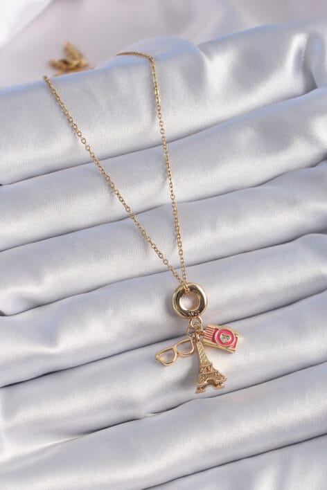 316L Çelik Gold Renk Eyfel Kulesi Fotoğraf Makinesi Figür Charm Model Kadın Kolye - Görsel 2