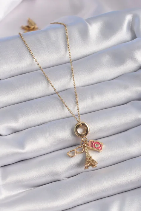 316L Çelik Gold Renk Eyfel Kulesi Fotoğraf Makinesi Figür Charm Model Kadın Kolye - Görsel 2