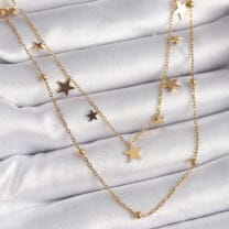 316L Çelik Gold Renk Zincir 2’Li Yıldız Model Topçuk Detay Kadın Kolye