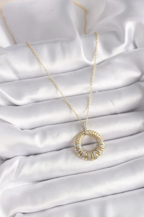 316L Çelik Gold Renk Zincir Gümüş Zirkon Taşlı Daire Model Kadın Kolye - Görsel 2