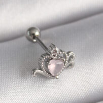316L Çelik Gümüş Renk Pembe Mineli Kalp Zirkon Taş Detay Tragus Piercing