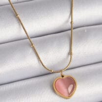 316L Çelik Gold Renk Pembe Kedi Gözü Sedefli Kalp Model Kadın Kolye