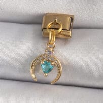 316L Çelik Gold Renk Sallantı Zirkon Taşlı Hilal Model Mavi Zirkon Taşlı Kalp Detay Nomination Charm