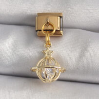 316L Çelik Gold Renk Sallantı Zirkon Taşlı Küre Model Yıldız Detay Nomination Charm