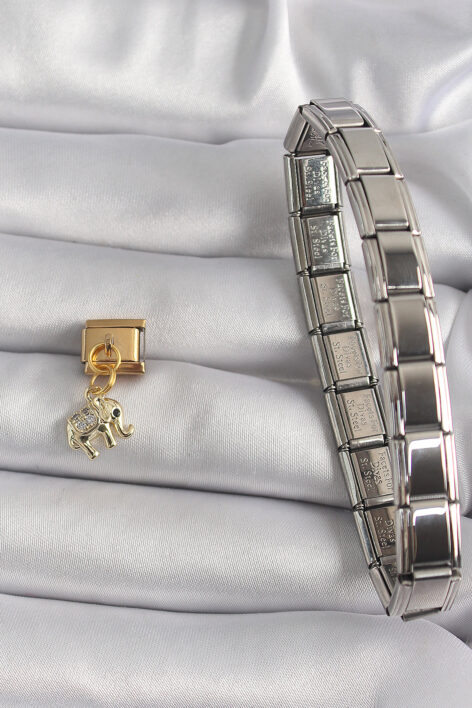 316L Çelik Gold Renk Sallantı Zirkon Taşlı Fil Model Nomination Charm - Görsel 2