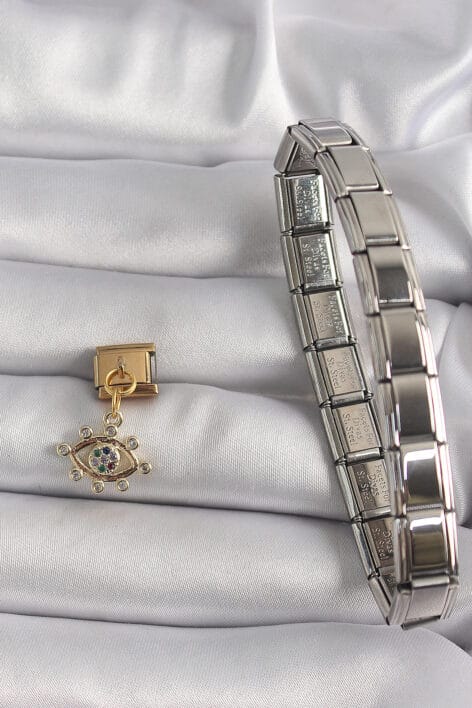 316L Çelik Gold Renk Sallantı Zirkon Taşlı Göz Model Nomination Charm - Görsel 2