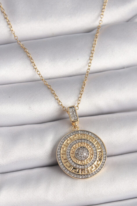 316L Çelik Gold Renk Zincir Zirkon Taşlı Madalyon Model Labirent İşleme Kadın Kolye