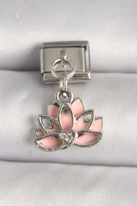 316L Çelik Gümüş Renk Pembe Lotus Model Zirkon Taş Detaylı Nomination Charm
