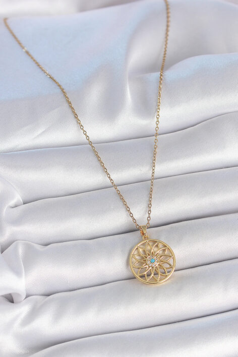 316L Çelik Gold Renk Zincr Mavi Taşlı Lotus Model Kadın Kolye - Görsel 2