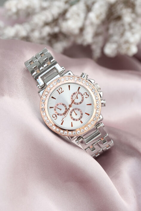 Gümüş Metal Kordonlu Rose Zirkon Taşlı Kasa Tasarımlı Kadın Saat