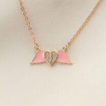 Pembe Mineli Kanat Taşlı Kalp Kolye