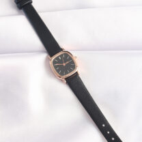 Siyah Renk Deri Kordonlu Rose Metal Kasa Kadın Saat
