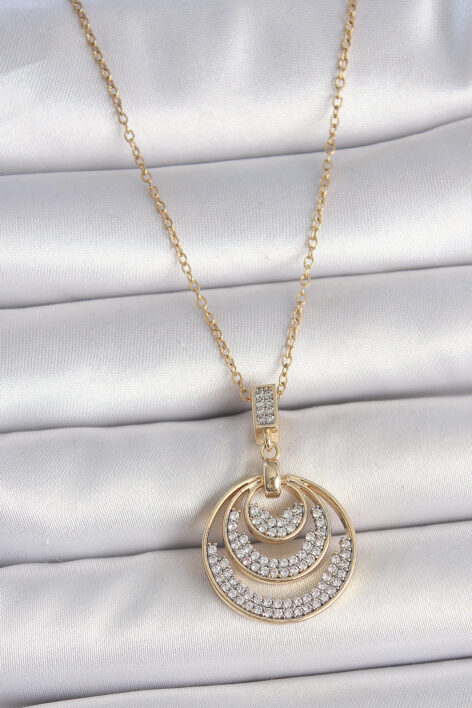 316L Çelik Gold Renk Zirkon Taşlı Madalyon Model Kadın Kolye
