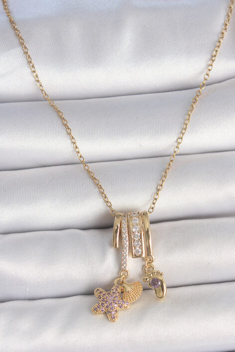 316L Çelik Gold Renk Sallantı Zirkon Taşlı Mor Taşlı Ayıcık Figür Charm Kadın Kolye