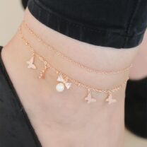Zirkon Taşlı Rose Renk Çift Zincirli İncili Kelebek Hal Hal