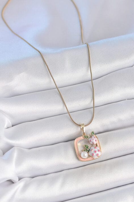 316L Çelik Gold Renk Zincir Pembe Mineli Kare Model Çiçek İşlemeli İnci Detay Kadın Kolye - Görsel 2
