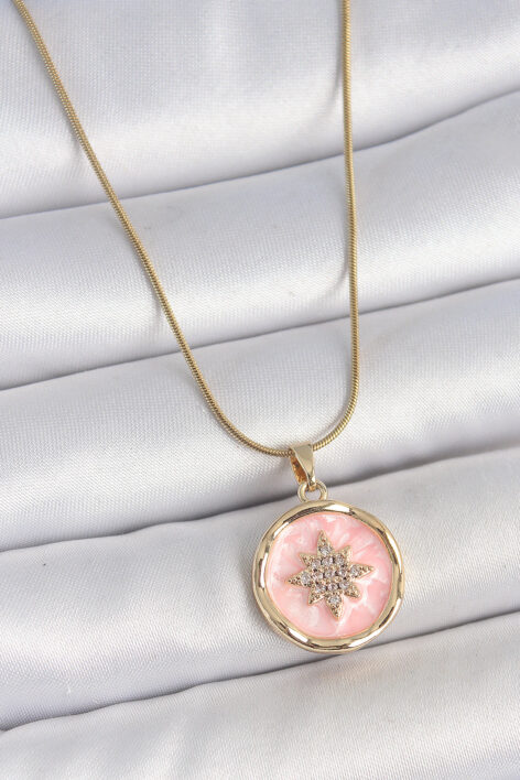 316L Çelik Gold Renk Zincir Pembe Mineli Zirkon Taşlı Kuzey Yıldız İşlemeli Madalyon Model Kadın Kolye