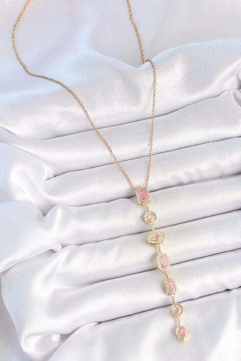 316L Çelik Gold Renk Zincir Pembe Zirkon Taşlı Y Model Dekolte Kadın Kolye - Görsel 2