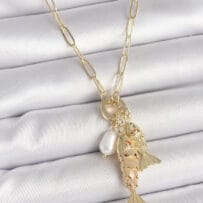 İnci Detaylı Zirkon Taşlı Çiftli Balık Figürlü Gold Renk Pirinç Kolye