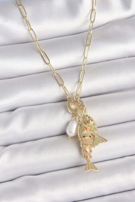 İnci Detaylı Zirkon Taşlı Çiftli Balık Figürlü Gold Renk Pirinç Kolye