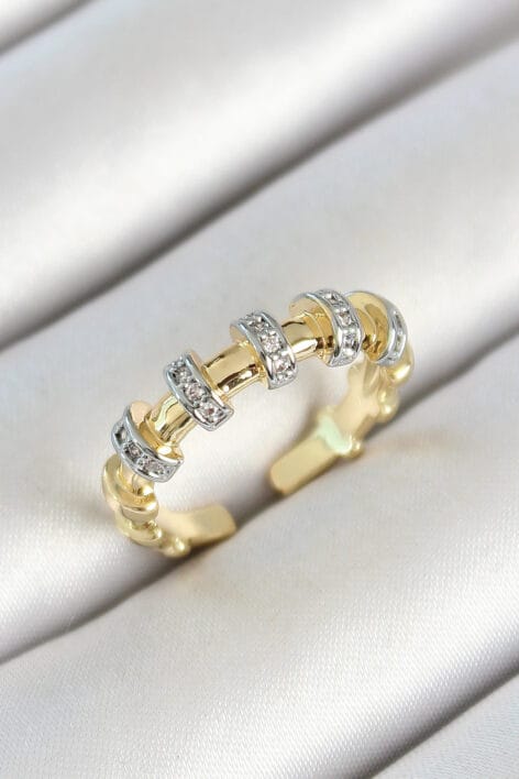 Pirinç Sıralı Daire Figürlü Zirkon Taşlı Gold Renk Ayarlanabilir Kadın Yüzük