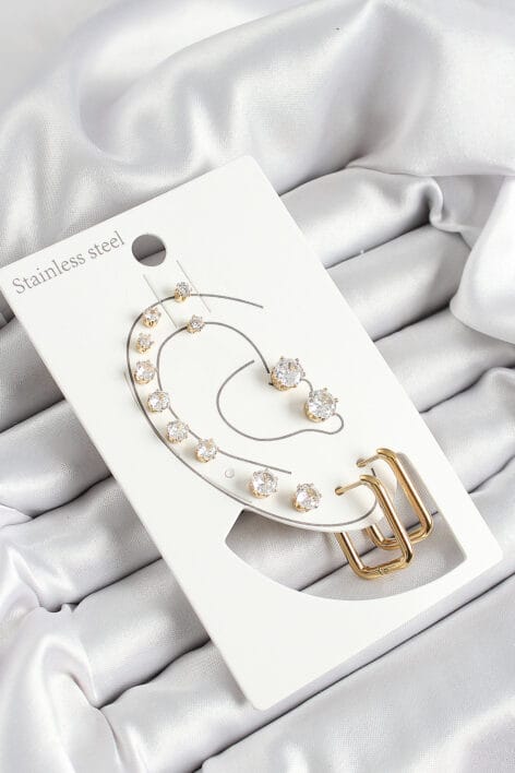 316L Çelik Dikdörtgen Figürlü Ve Zirkon Taşlı Gold Renk 7'li Çift Kadın Küpe Set