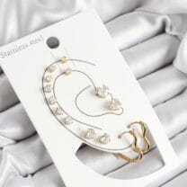 316L Çelik Kalp Figürlü Ve Zirkon Taşlı Gold Renk 7’li Çift Kadın Küpe Set
