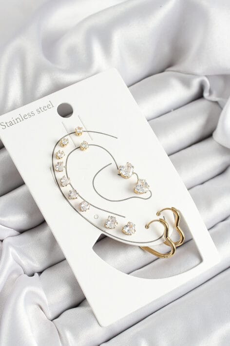 316L Çelik Kalp Figürlü Ve Zirkon Taşlı Gold Renk 7'li Çift Kadın Küpe Set