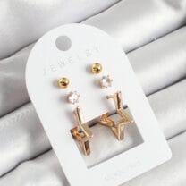 Pirinç Zirkon Taş Ve Yıldız Figürlü Gold Renk 3’lü Çift Kadın Küpe Set