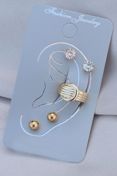 Kemerli Model Gold Metal Taşlı Kıkırdak Küpe Seti