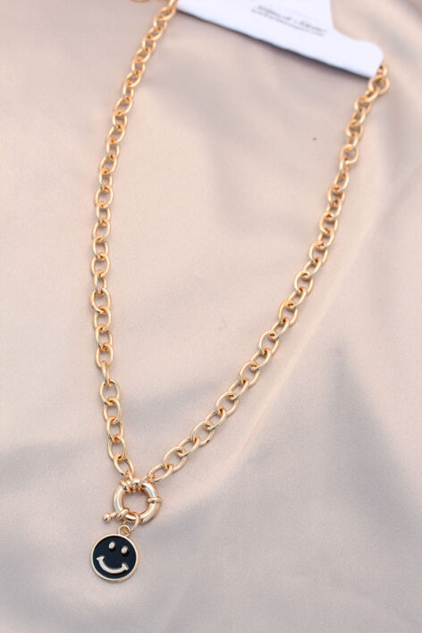 Yeni Sezon Siyah Renk Smile Model Retro Gold Metal Kolye - Görsel 2