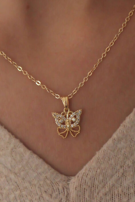 Gold Renk Zirkon Taşlı Kelebek Figür Kadın Kolye - Görsel 2